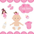 Baby birth card vector flat illustration. Cute newborn kids girl. Royalty Free Stock Photo